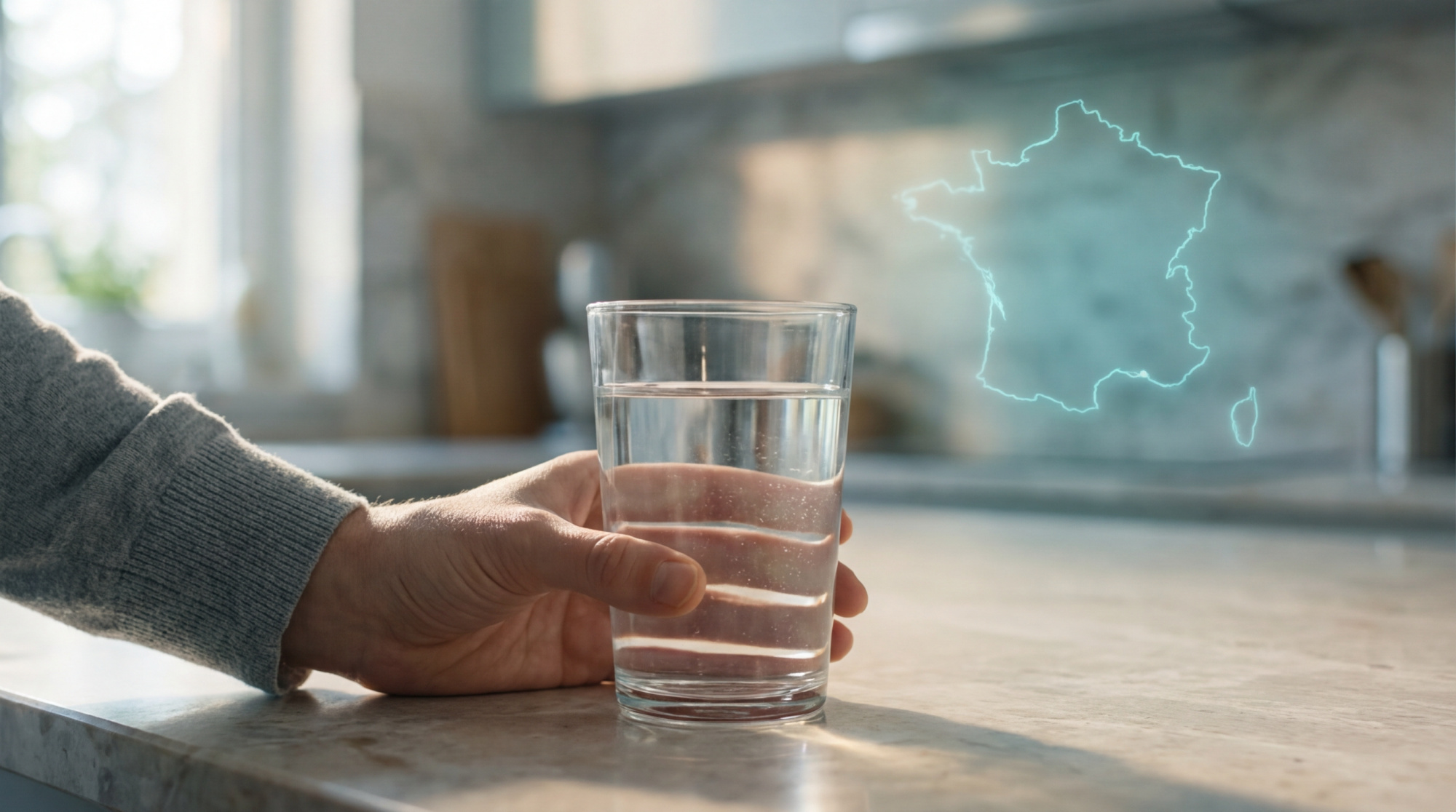 Main tenant un verre d'eau sur un comptoir de cuisine, avec une carte lumineuse de la France en arrière-plan, symbolisant la qualité de l'eau.