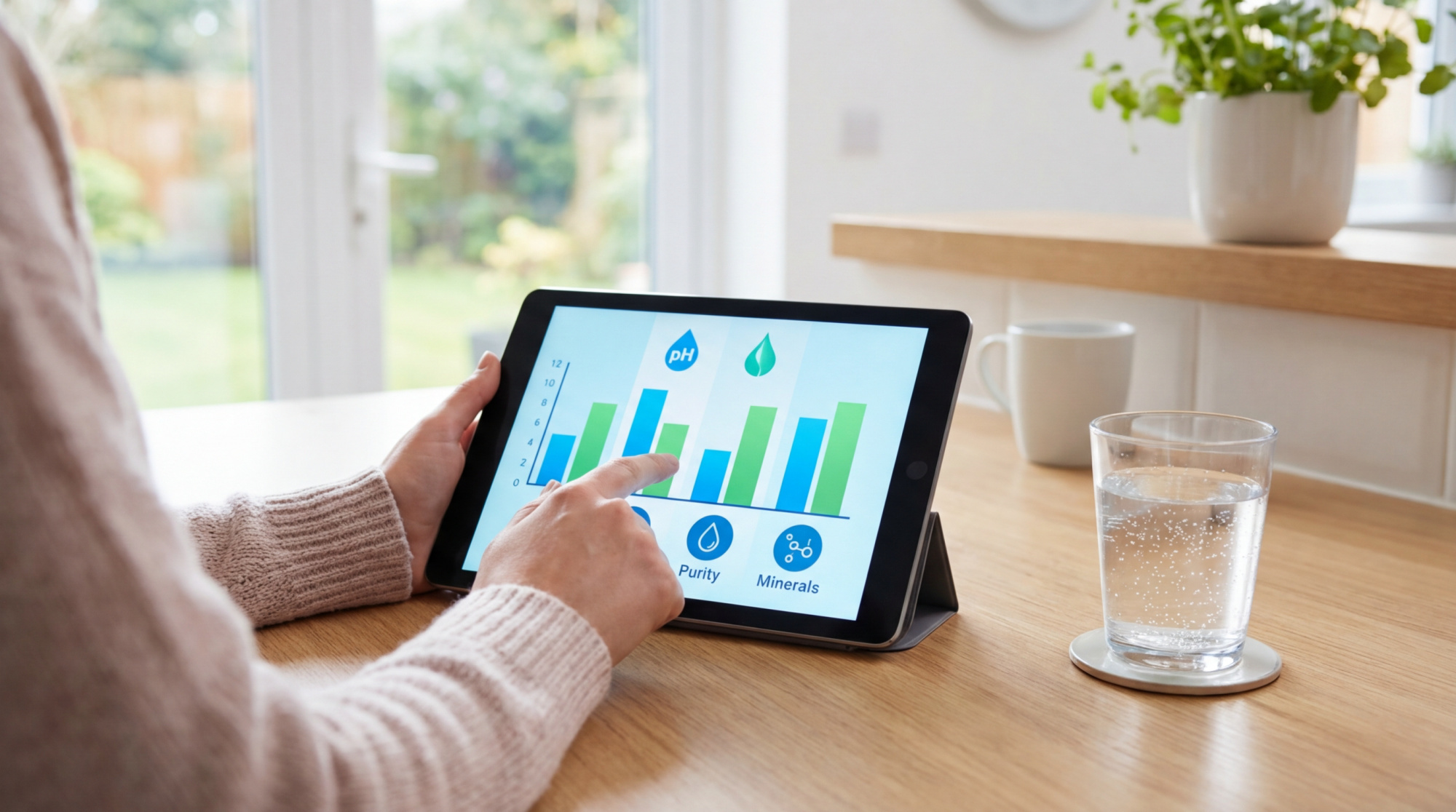 Une personne consulte une tablette affichant un graphique d'analyse d'eau (pH, pureté, minéraux). Un verre d'eau est à côté.
