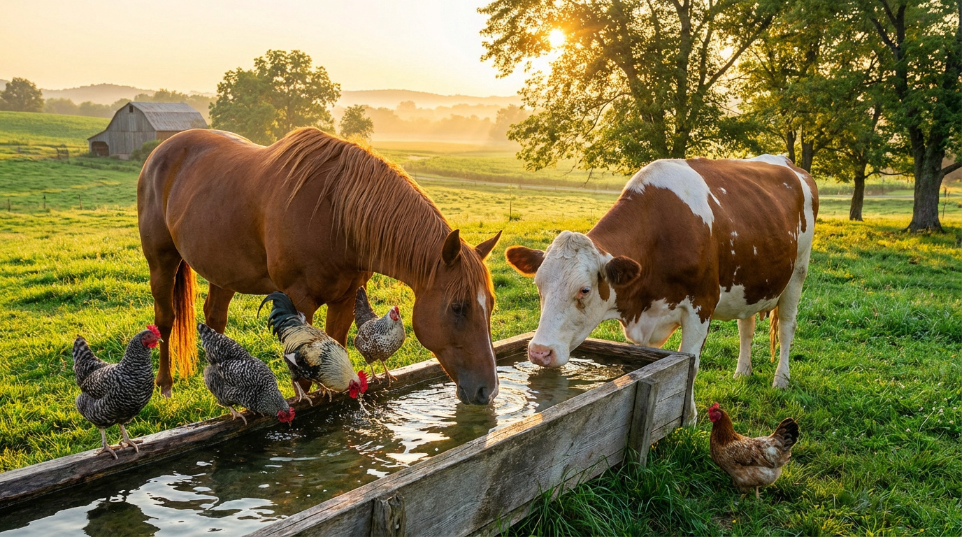 Cheval et vache boivent à un abreuvoir en bois avec des poules, dans un pré ensoleillé au coucher du soleil.