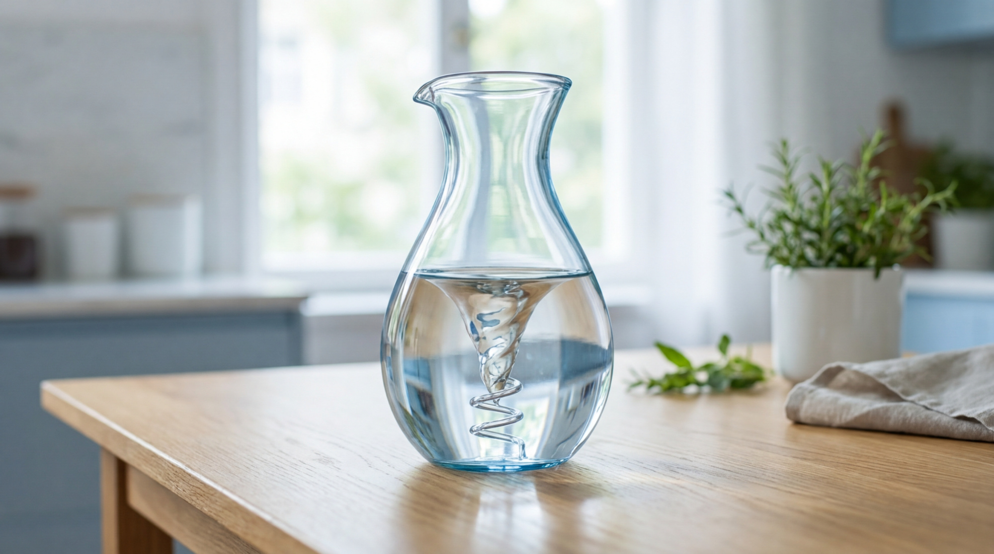 Une carafe en verre avec un vortex d'eau visible, posée sur une table en bois clair dans une cuisine lumineuse.
