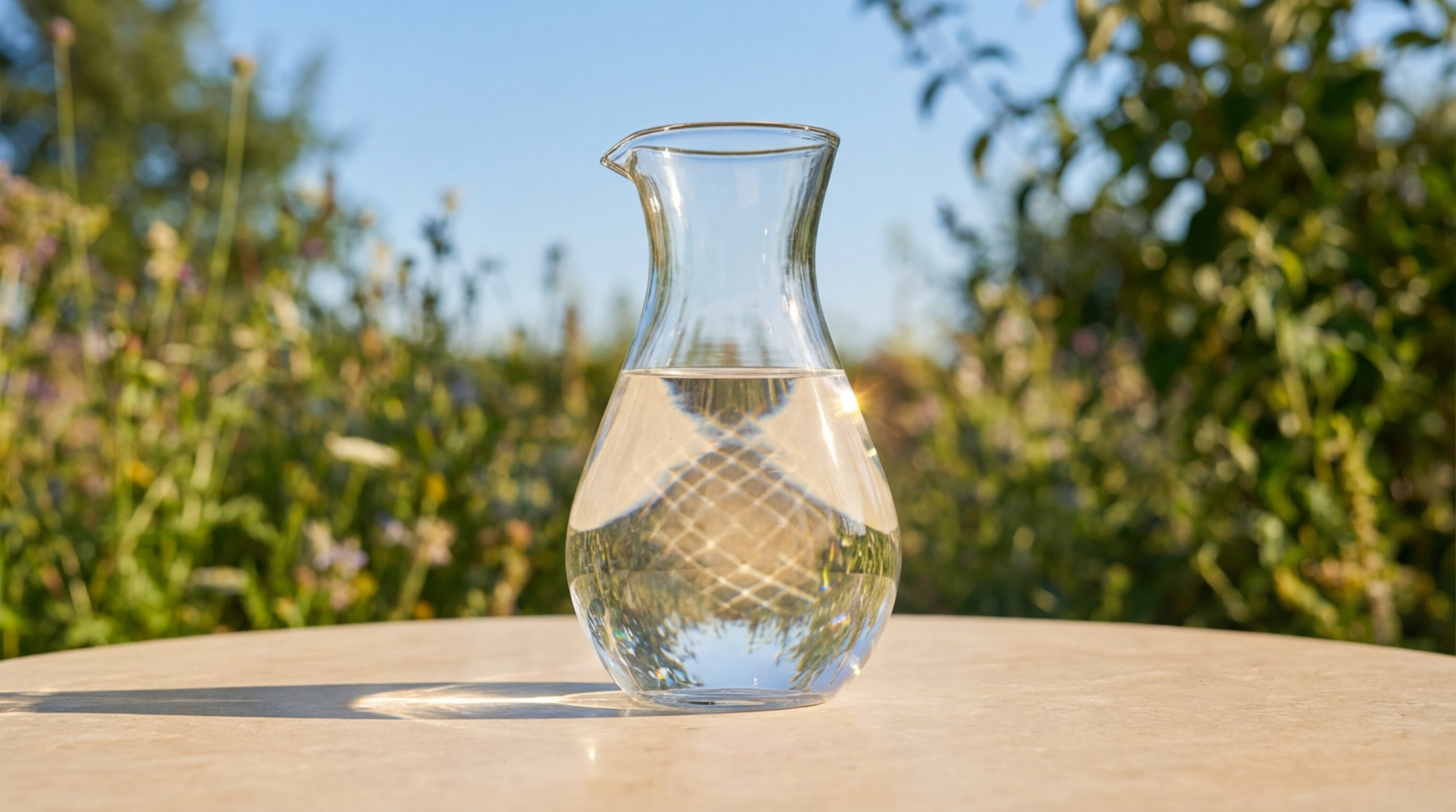 Carafe en verre remplie d'eau sur une table beige, baignée de soleil. L'arrière-plan flou montre de la verdure et un ciel bleu clair.