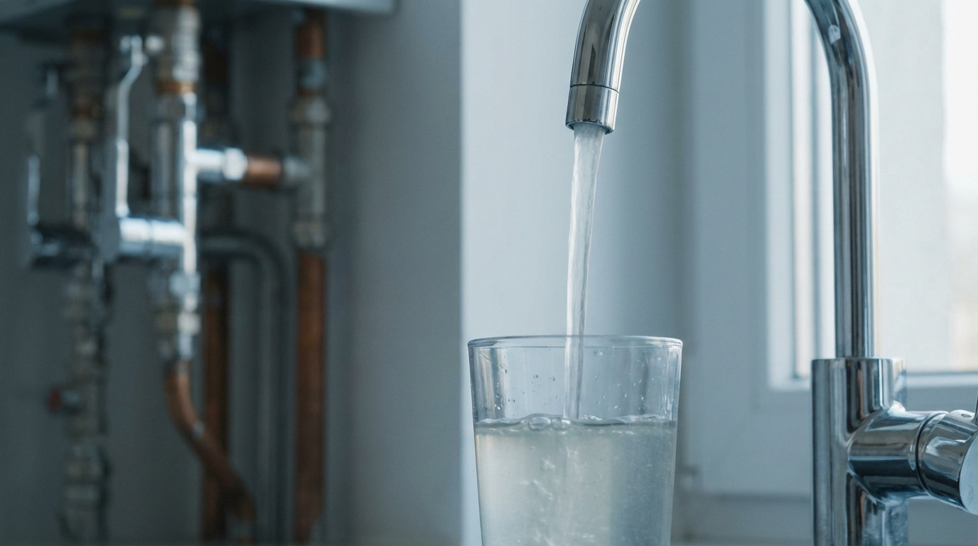 Un robinet chromé verse de l'eau claire dans un verre en verre. Des tuyaux de plomberie sont flous en arrière-plan.