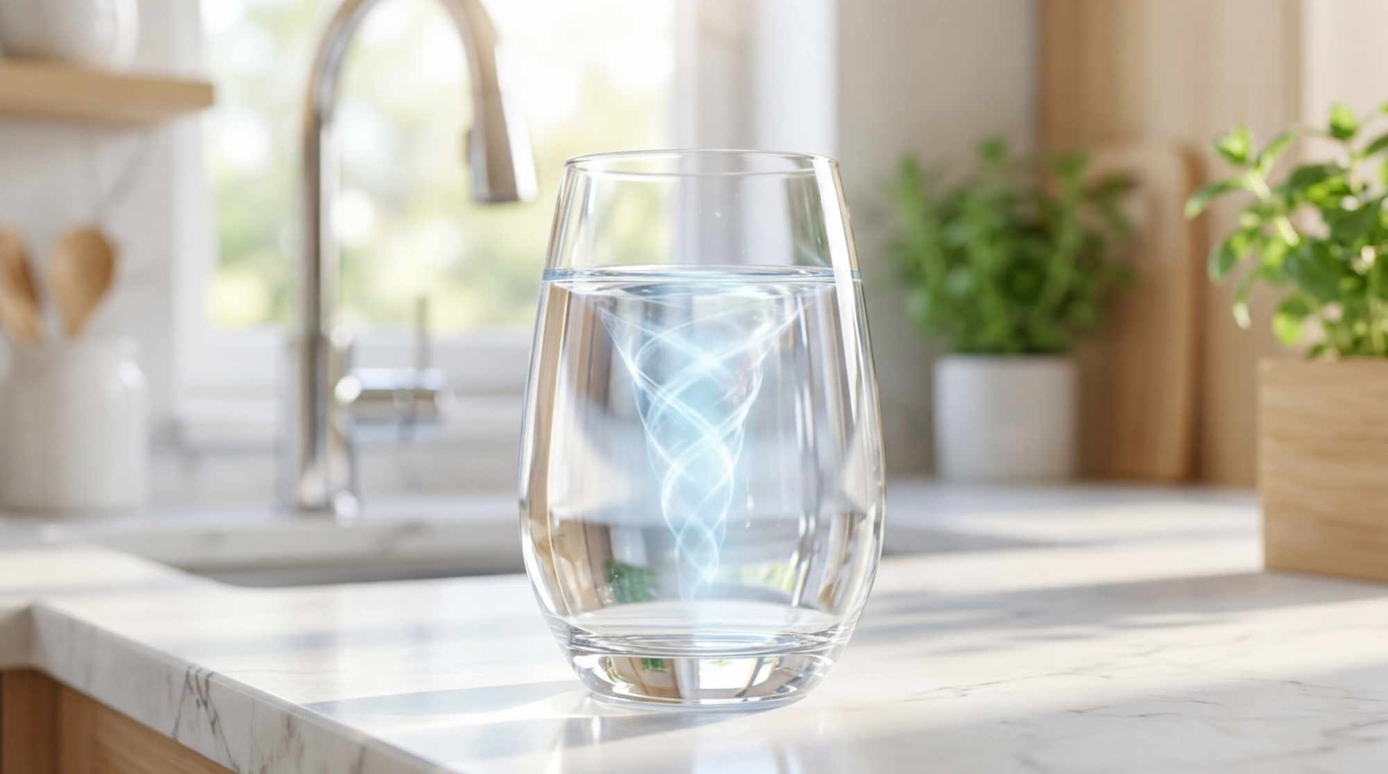 Verre d'eau avec un tourbillon lumineux bleu-blanc sur un comptoir de cuisine moderne. Robinet et plantes en arrière-plan flou.