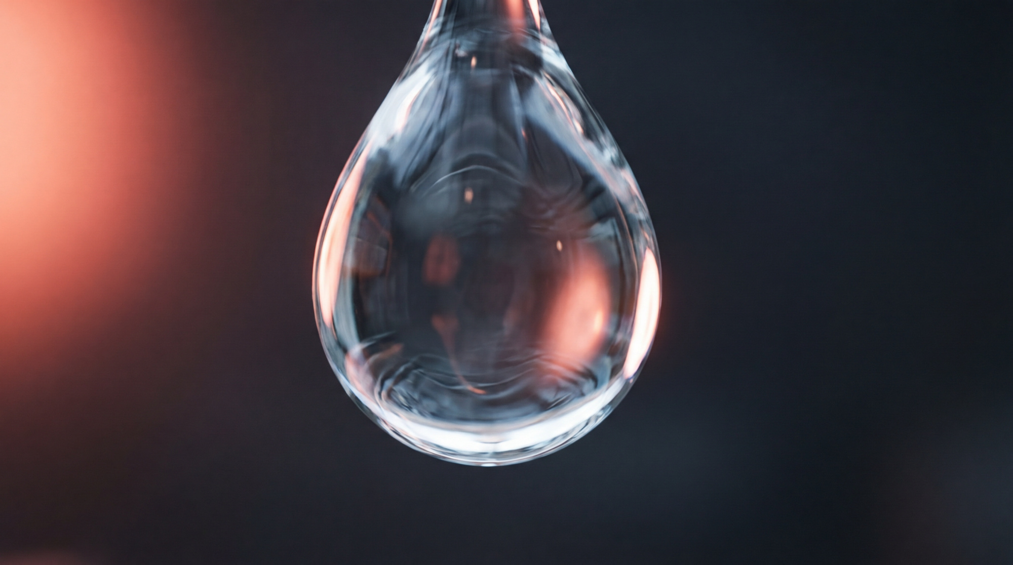 Gros plan d'une goutte d'eau suspendue sur fond sombre. Une lumière rougeâtre illumine la goutte, créant des reflets et des réfractions intenses.