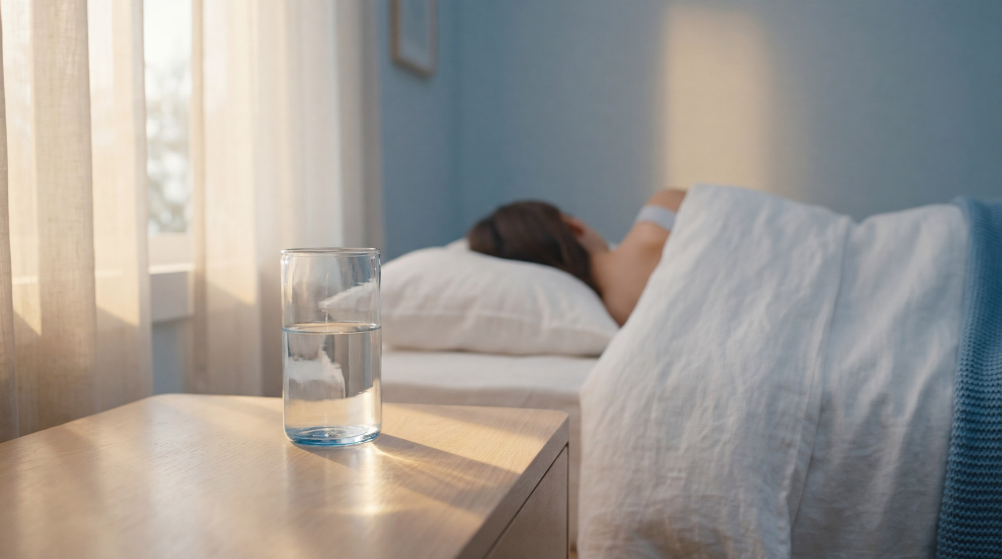 Un verre d'eau sur une table de chevet en bois, à côté d'une personne endormie dans un lit. Lumière naturelle par une fenêtre voilée.