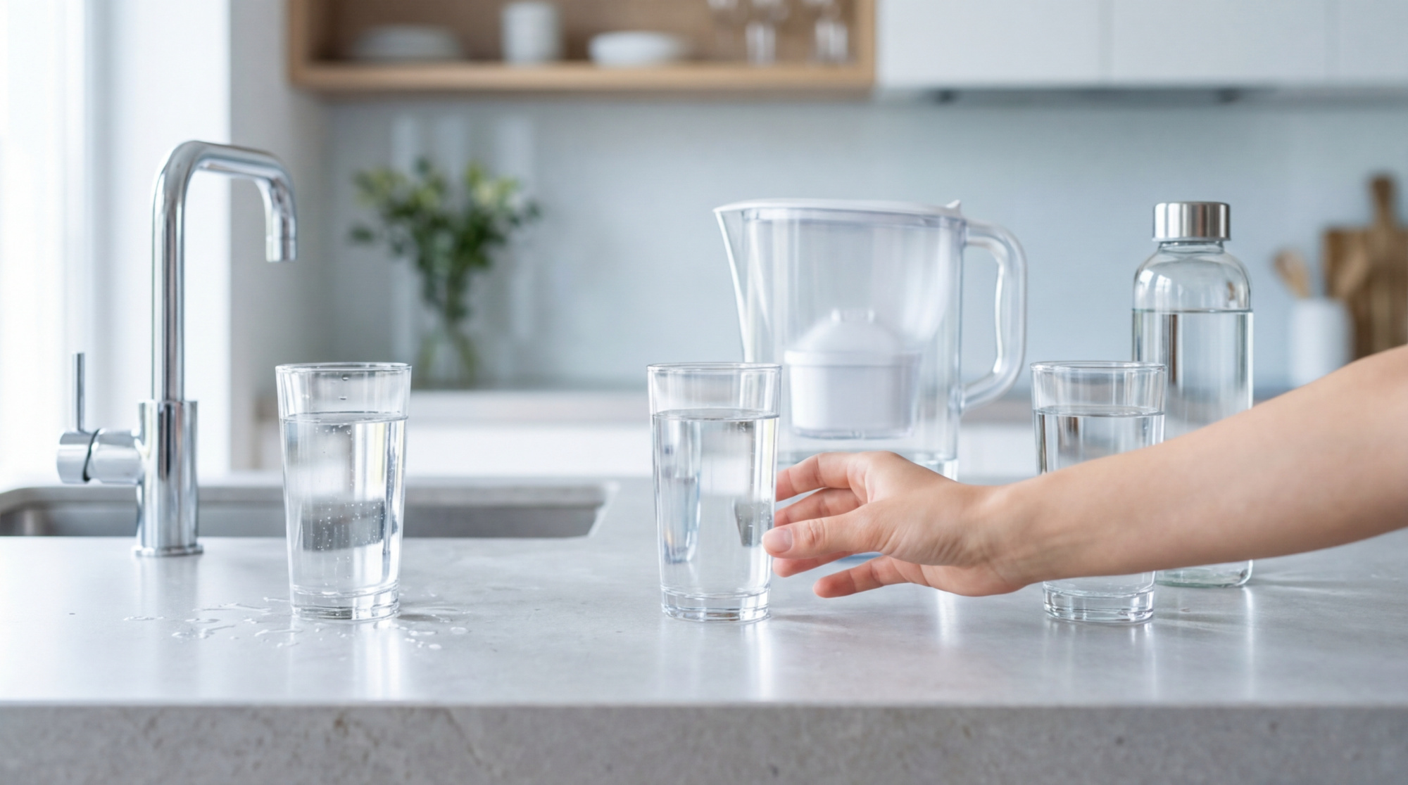 Dans une cuisine lumineuse, une main attrape un verre d'eau. Un robinet, une carafe filtrante et une bouteille symbolisent les choix d'eau potable.