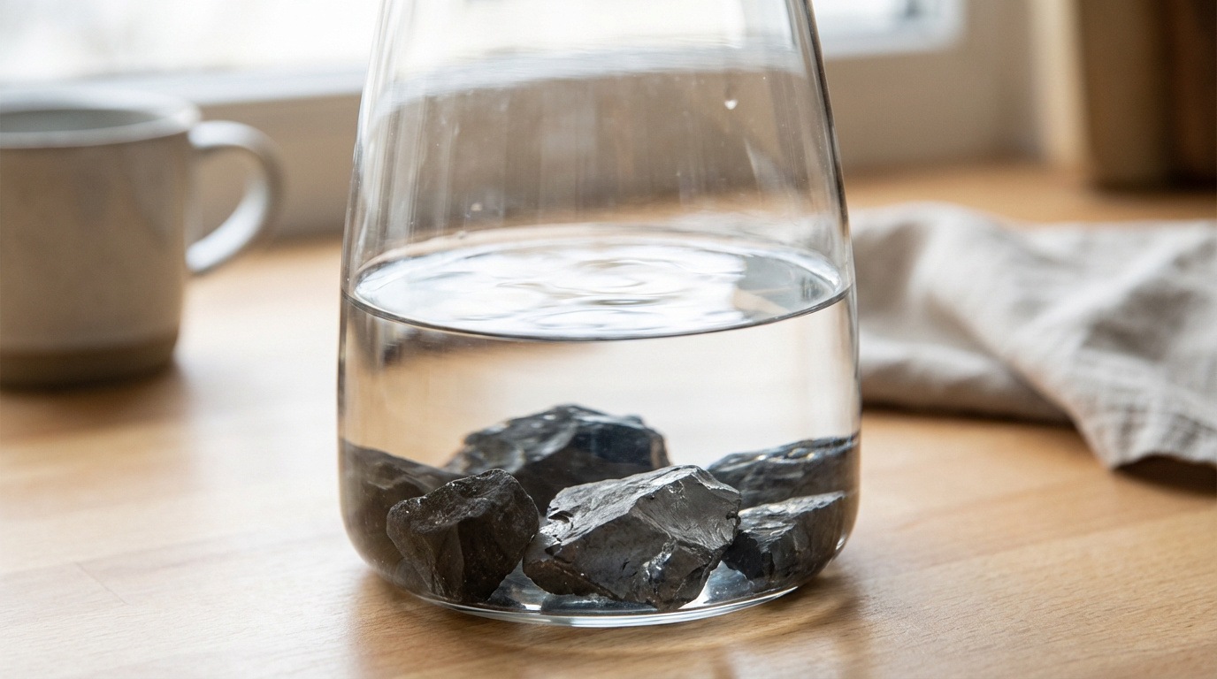 Carafe en verre d'eau avec des pierres de shungite brutes au fond, sur une surface en bois clair, avec une tasse et un tissu flous en arrière-plan.