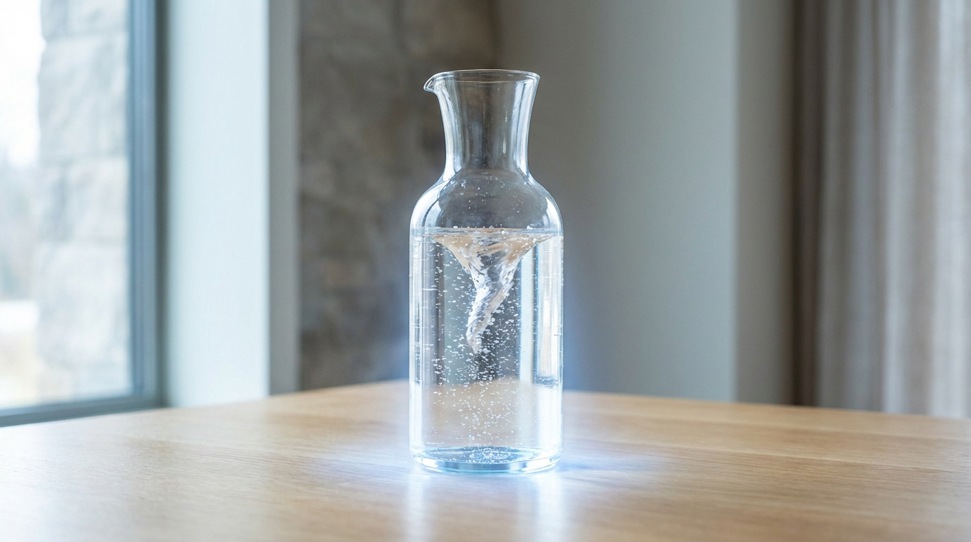 Carafe en verre contenant de l'eau avec un vortex visible et des bulles, sur une table en bois près d'une fenêtre.