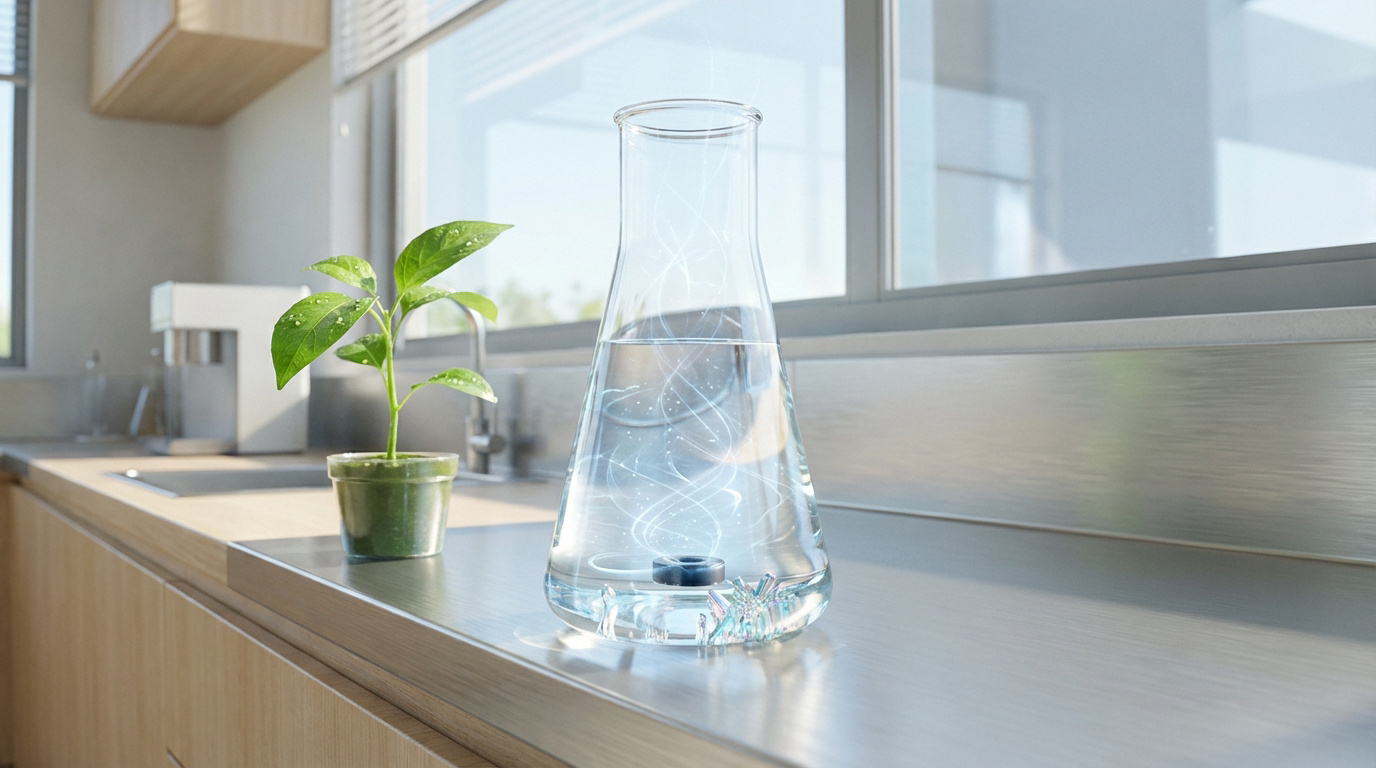 Expérience sur l'eau magnétisée dans un flacon conique avec des lignes lumineuses, près d'une plante verte en pot.