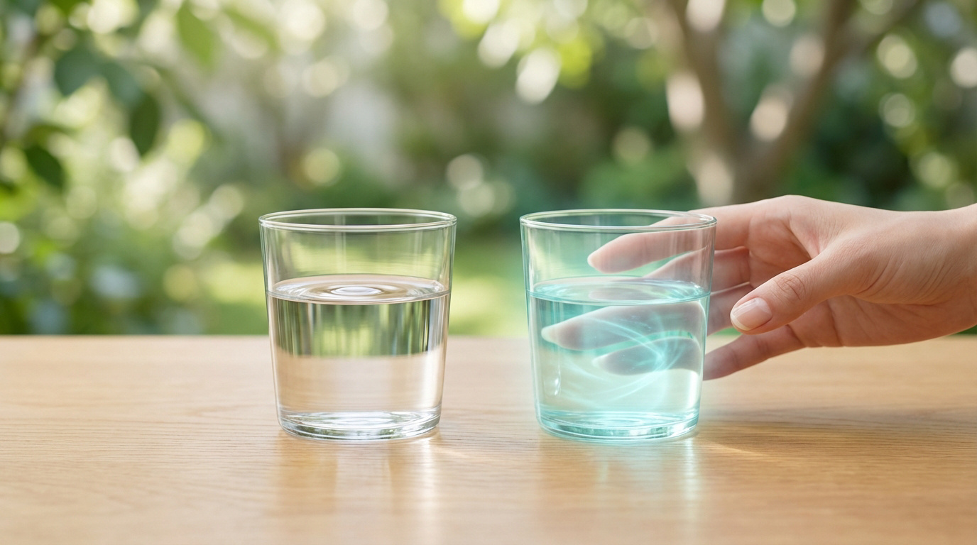 Deux verres d'eau sur une table en bois. L'un contient de l'eau claire, l'autre est tenu par une main et l'eau est bleutée avec des reflets lumineux.
