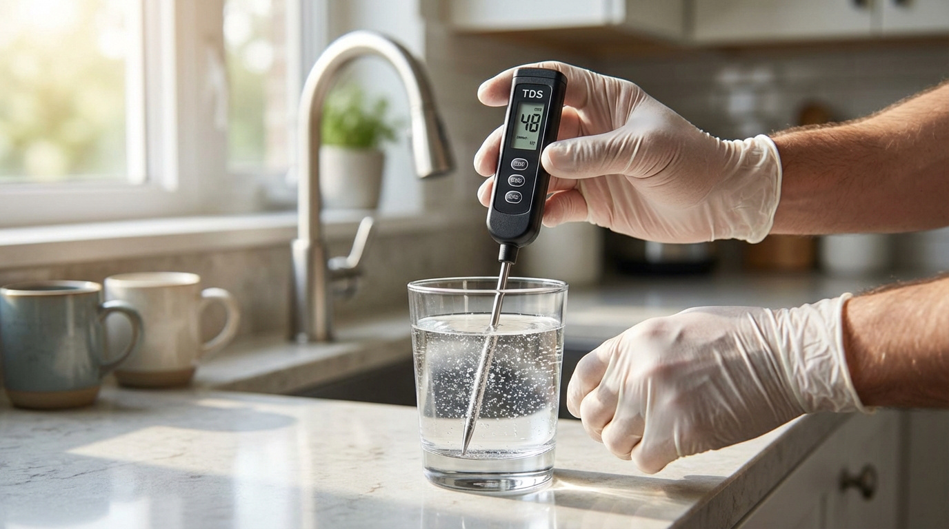 Mains gantées mesurant la qualité de l'eau du robinet dans un verre avec un appareil TDS, affichant 48, dans une cuisine lumineuse.