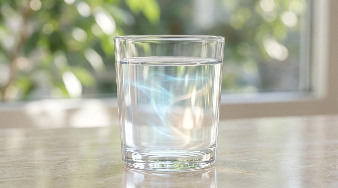 Un verre d'eau limpide avec des volutes lumineuses bleues, symbolisant l'énergie, sur une table devant un feuillage flou.
