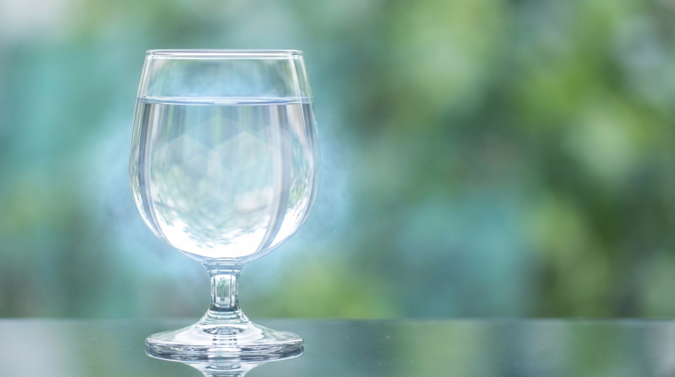 Verre à pied rempli d'eau claire sur une surface réfléchissante, avec un arrière-plan flou de verdure et de bleu.