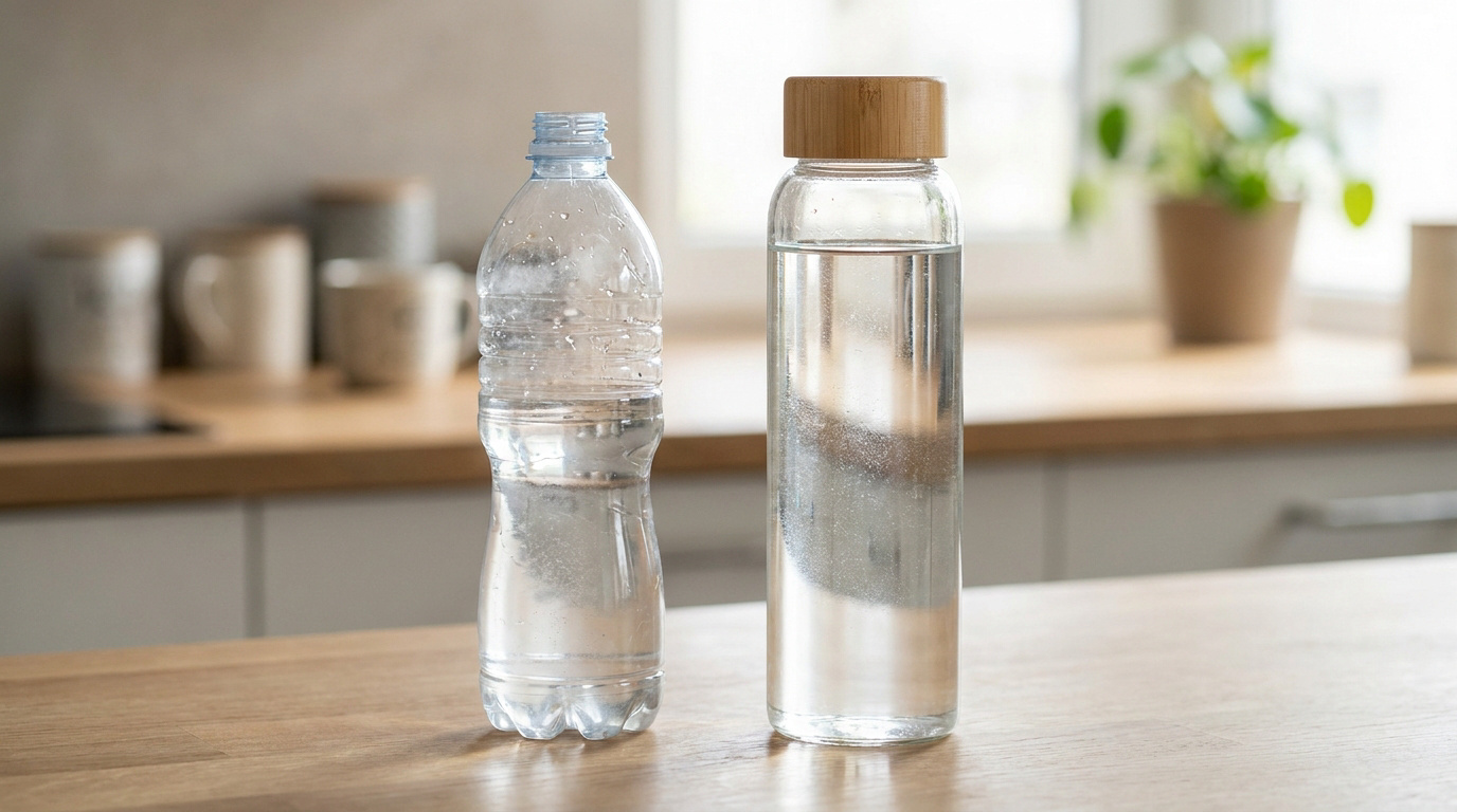 Comparaison entre une bouteille en plastique jetable et une gourde en verre sur un plan de travail de cuisine.
