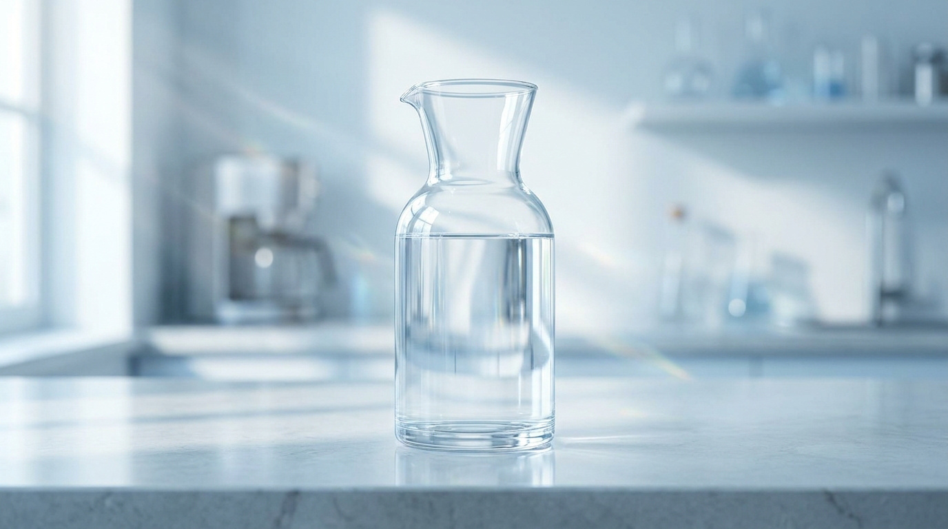 Une carafe en verre remplie d'eau cristalline posée sur un plan de travail clair dans une cuisine moderne.