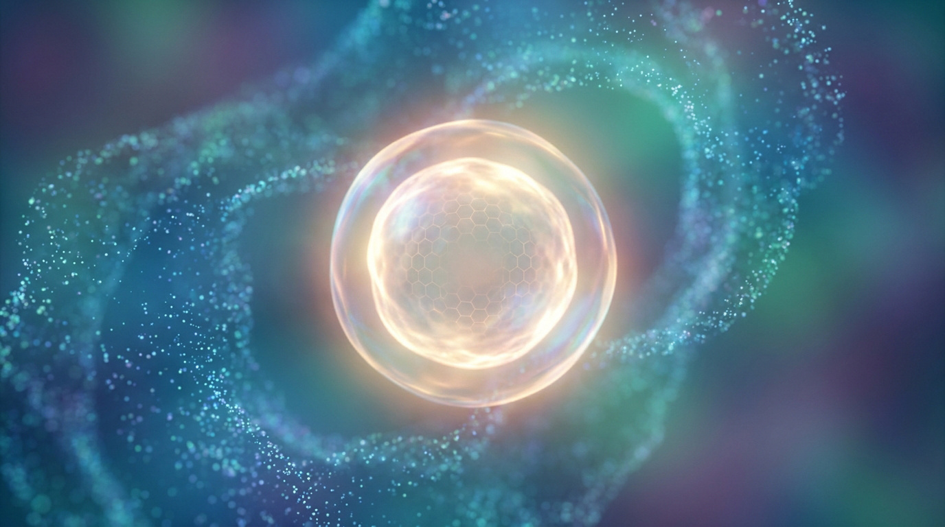 Représentation 3D d'une cellule lumineuse entourée d'un nuage de particules bleues, symbolisant l'hydratation cellulaire.