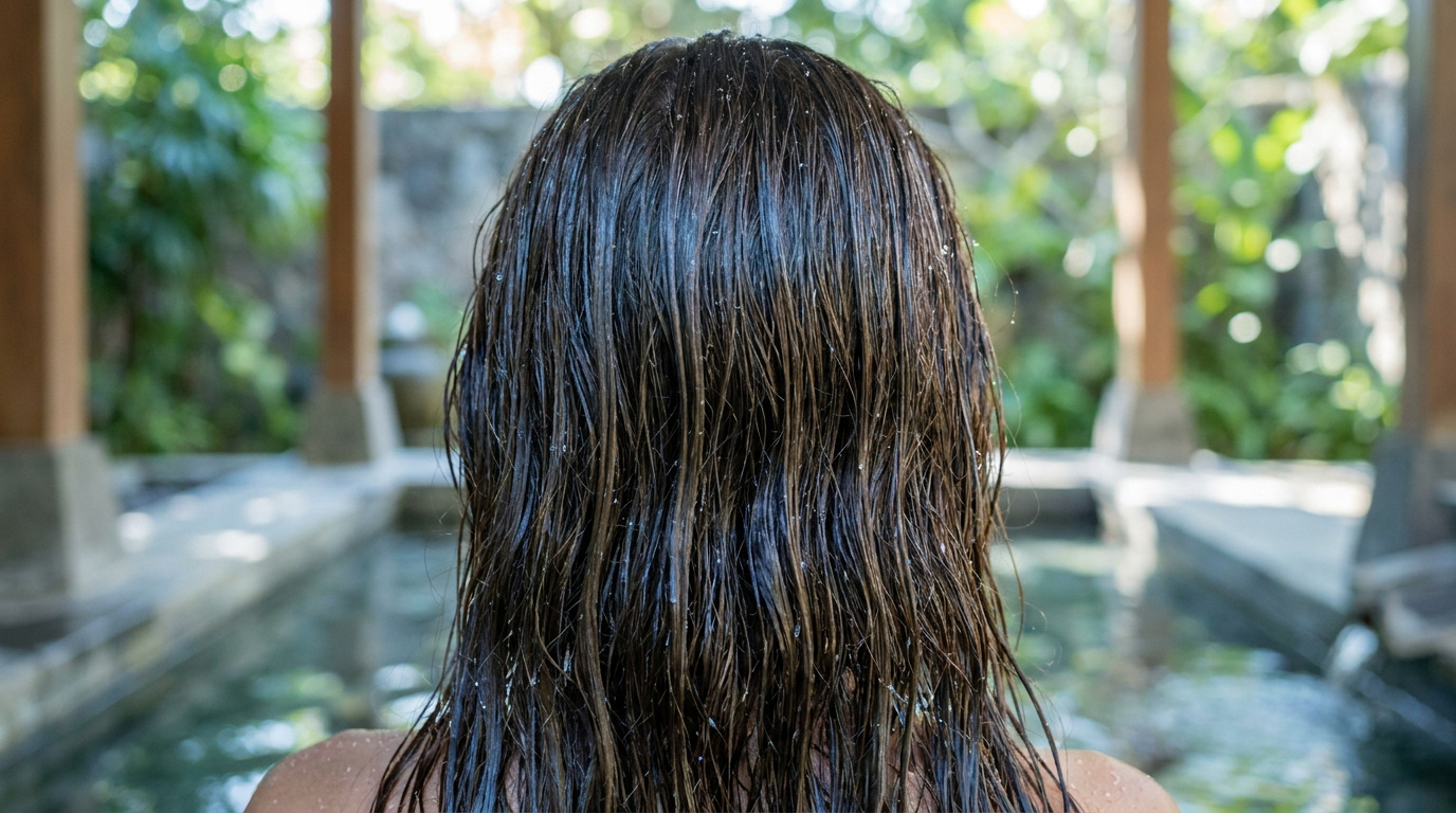 Vue de dos d'une femme aux cheveux bruns mouillés, baignée dans un environnement naturel relaxant.