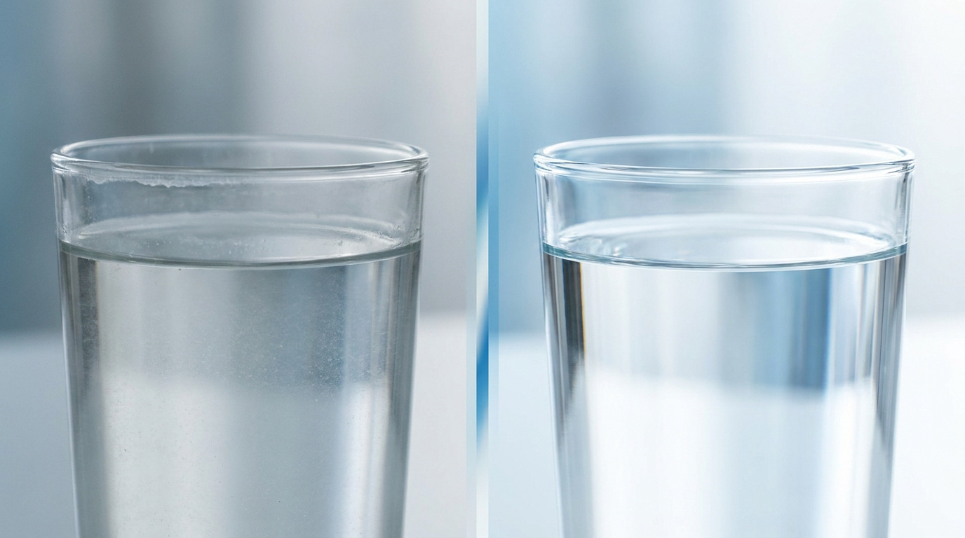 Comparaison côte à côte d'un verre d'eau calcaire trouble et d'un verre d'eau claire et purifiée.