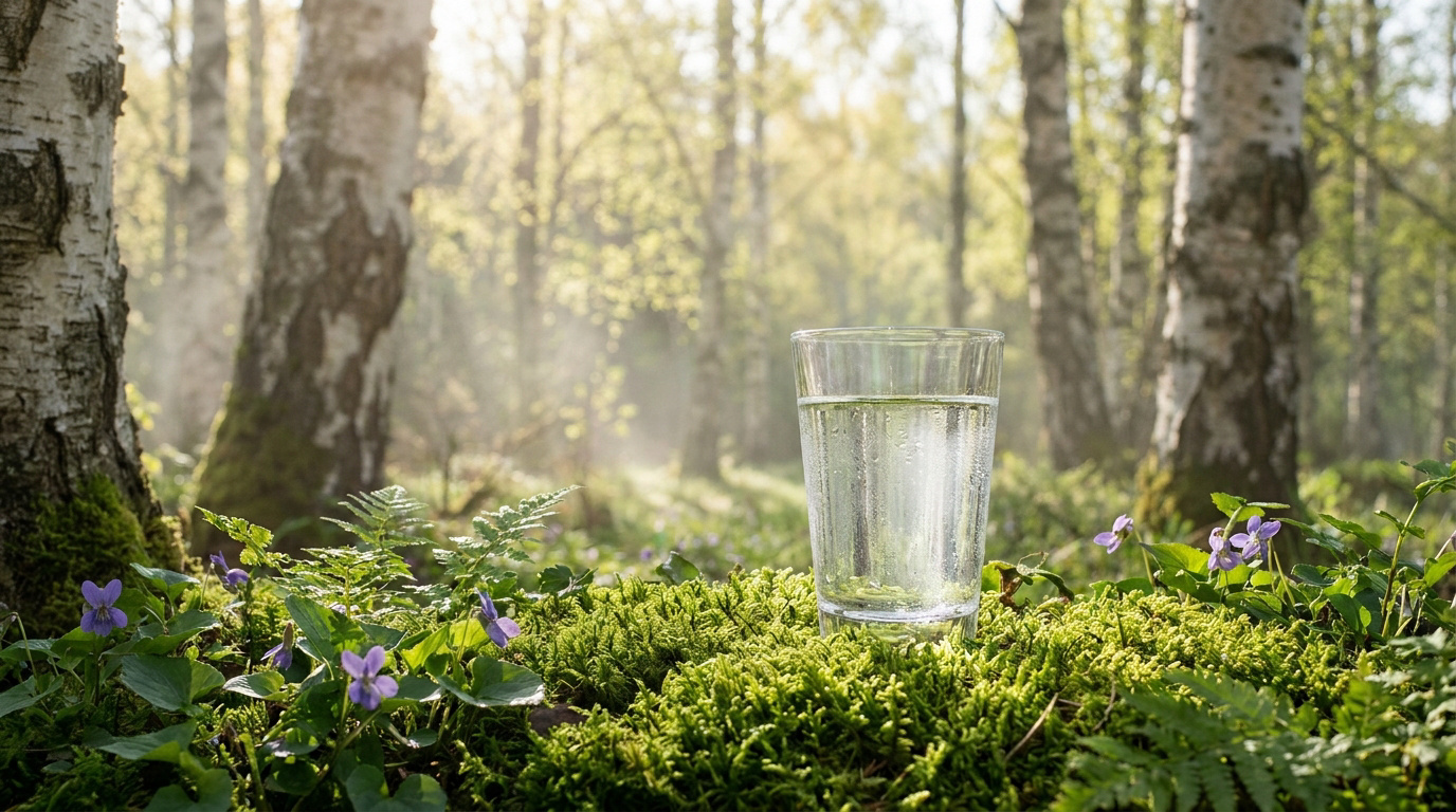Un verre d'eau de bouleau posé sur une mousse verte dans une forêt de bouleaux ensoleillée.