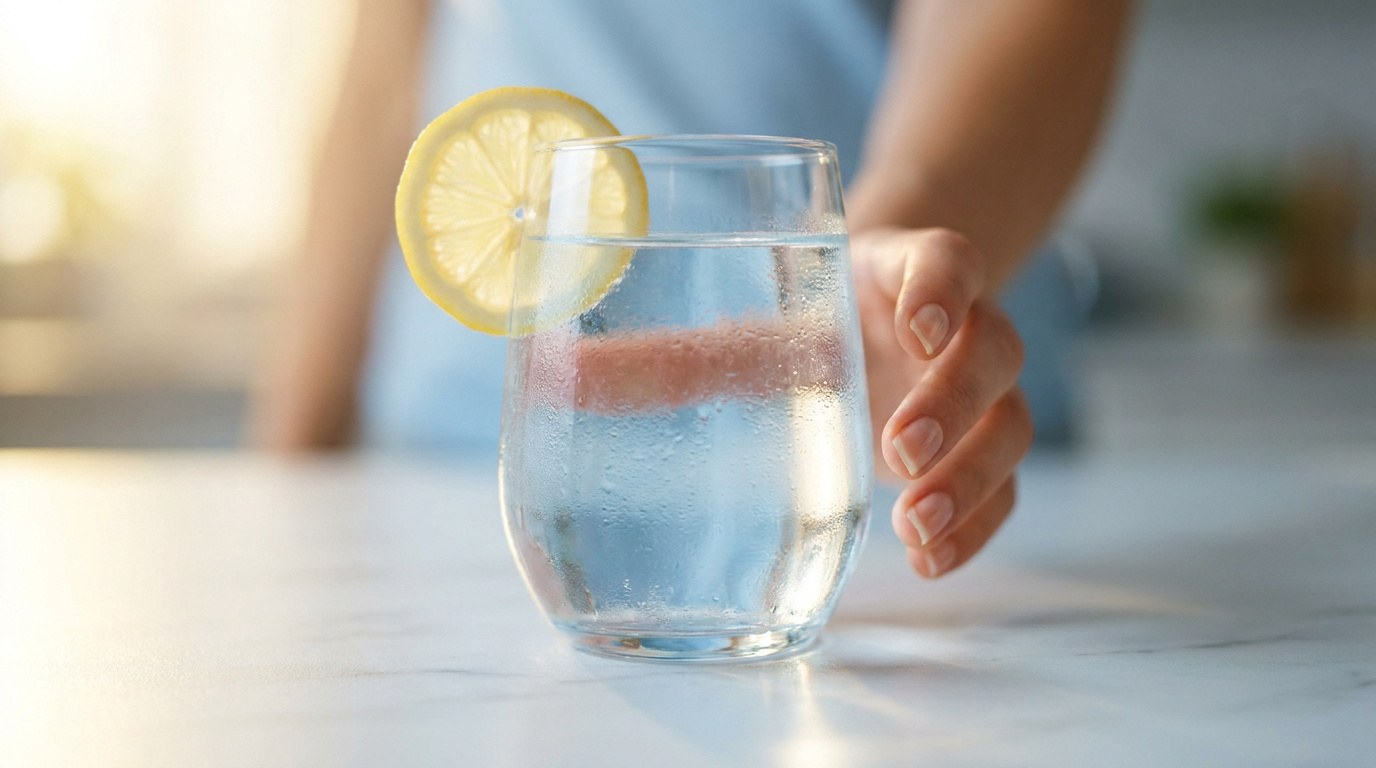 Une main s'apprête à saisir un verre d'eau fraîche avec une tranche de citron posée sur le rebord.