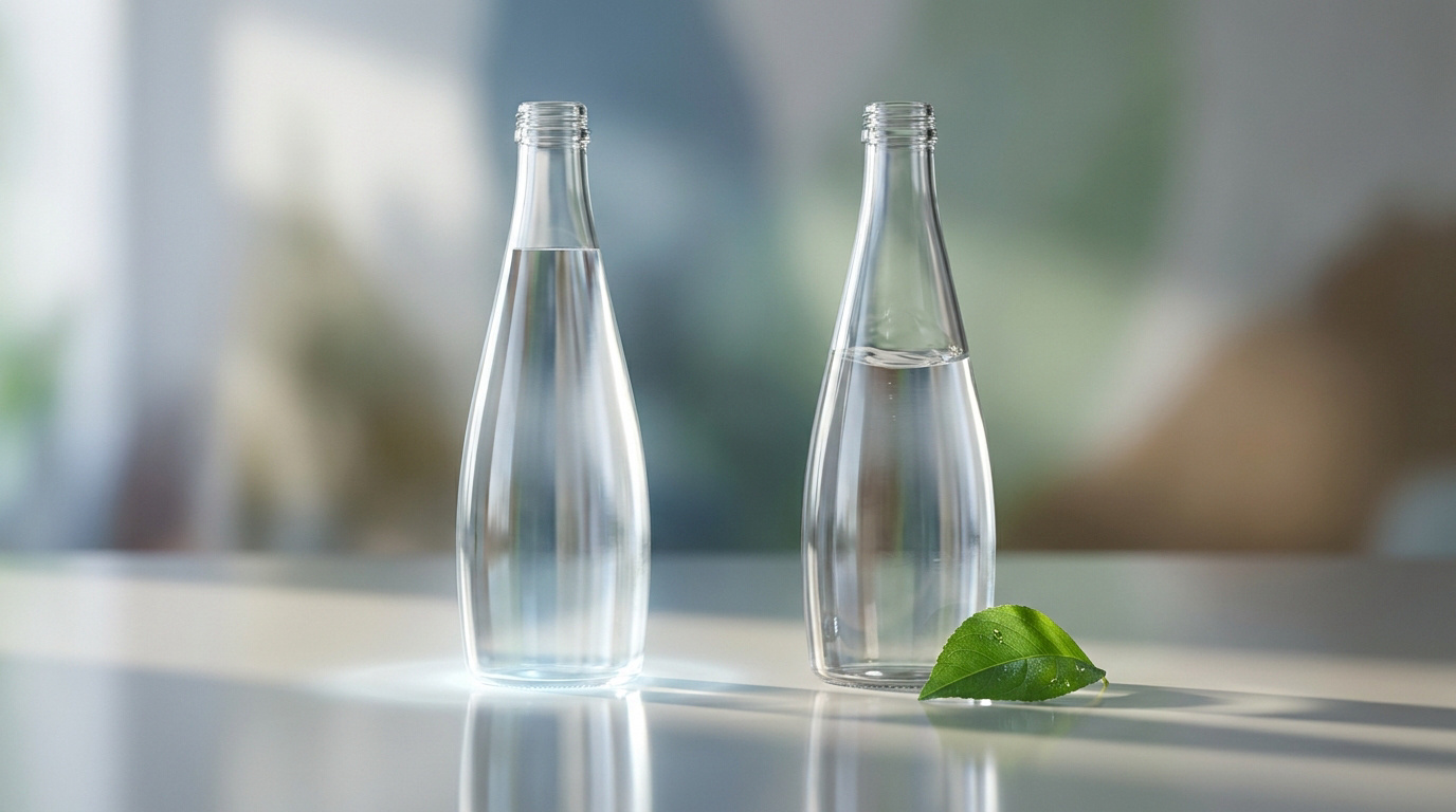 Deux bouteilles en verre remplies d'eau pure posées sur une table claire avec une feuille verte.