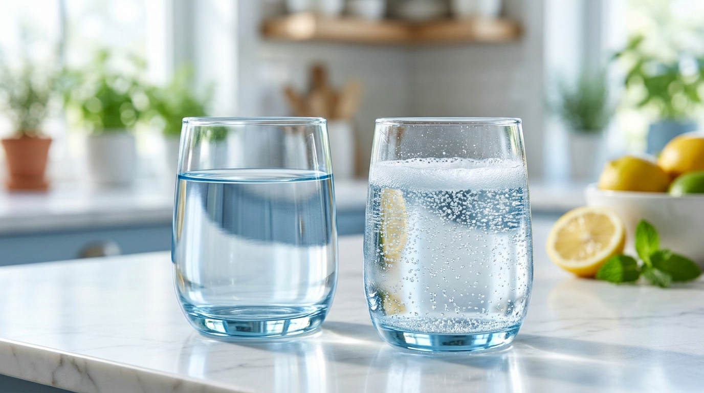 Deux verres d'eau posés sur un plan de travail en cuisine, l'un contenant de l'eau plate et l'autre de l'eau pétillante.
