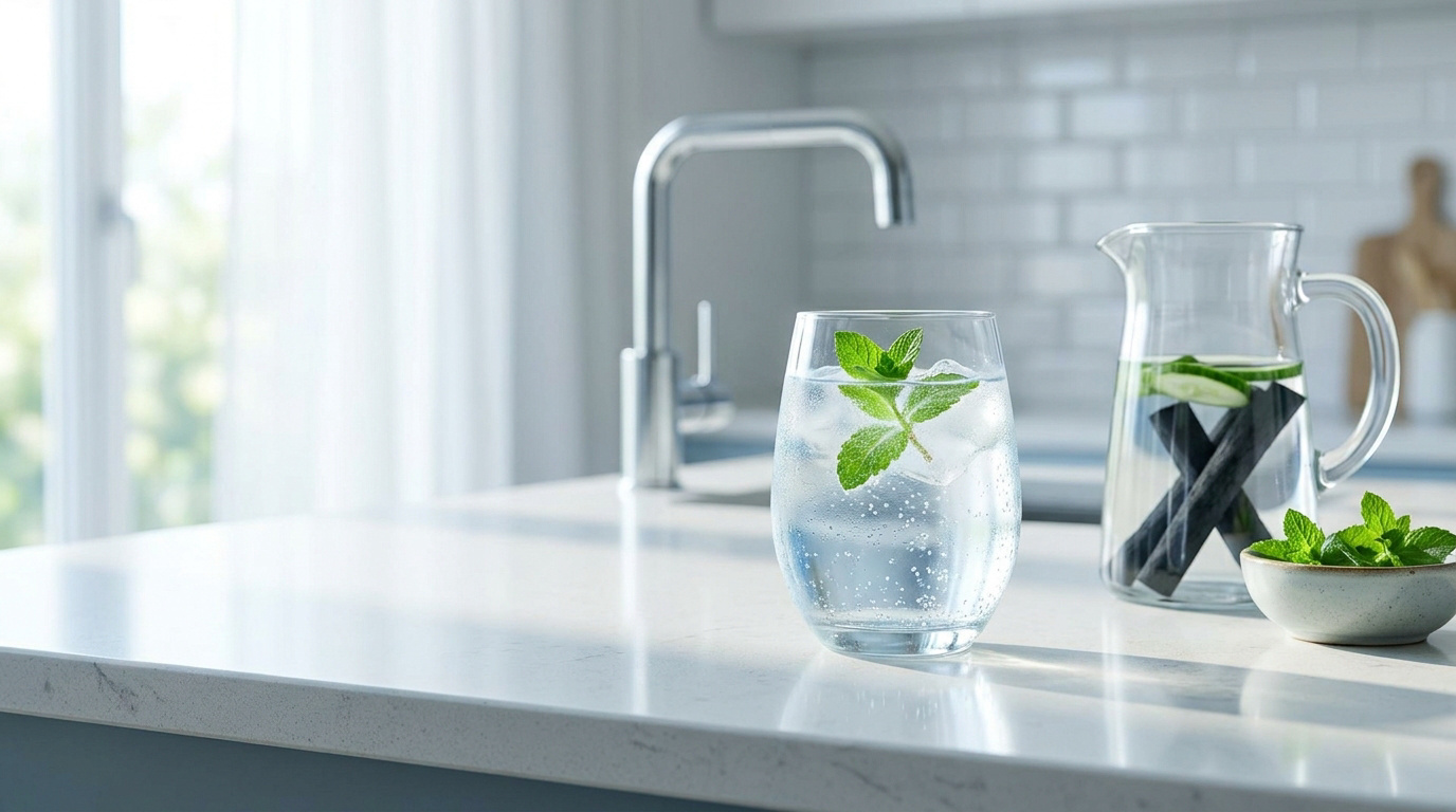Un verre d'eau fraîche avec de la menthe et une carafe avec un bâton de charbon actif sur un comptoir de cuisine.
