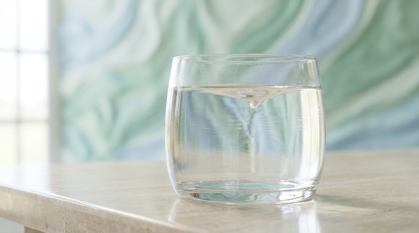 Un verre d'eau claire avec un léger tourbillon, posé sur une surface brillante devant un fond texturé aux tons pastel.