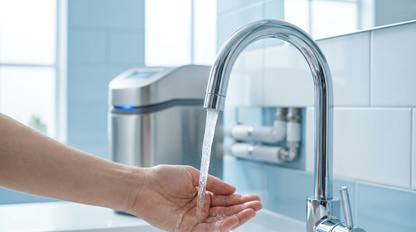 Une main sous l'eau courante d'un robinet chromé avec un adoucisseur d'eau en arrière-plan.