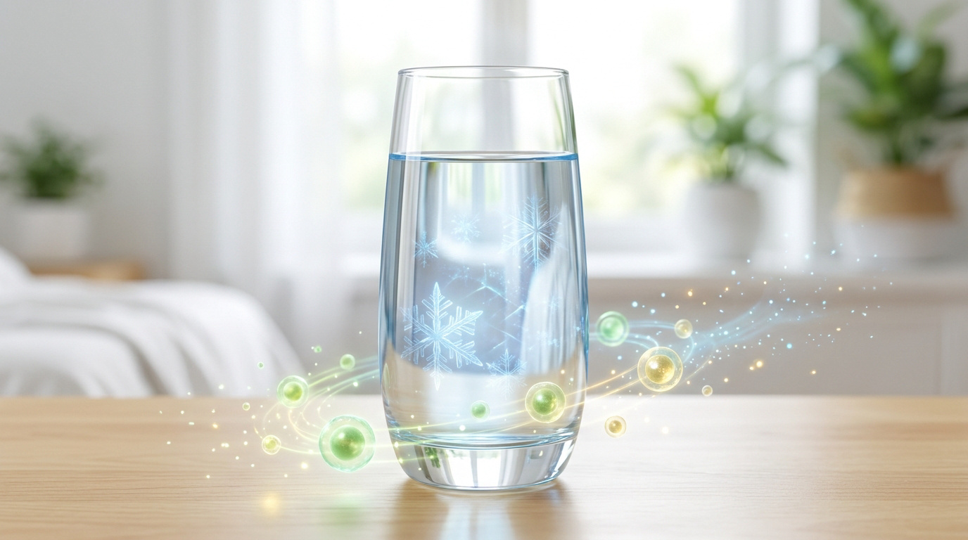 Verre d'eau purifiée avec des flocons de neige et des particules énergétiques flottant autour sur une table en bois.