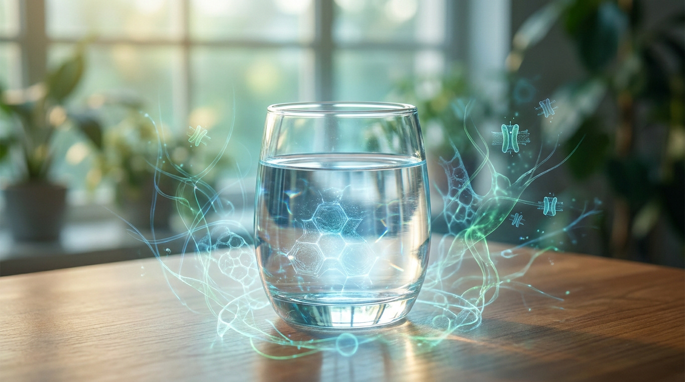 Un verre d'eau sur une table entouré d'effets visuels bleus et verts représentant des structures moléculaires.
