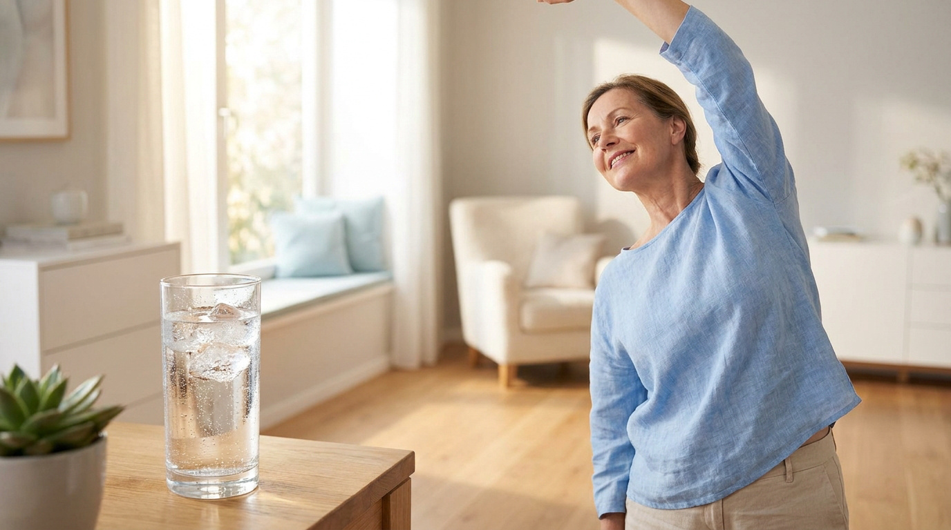 Une femme souriante faisant des étirements près d'un verre d'eau glacée dans un salon lumineux.