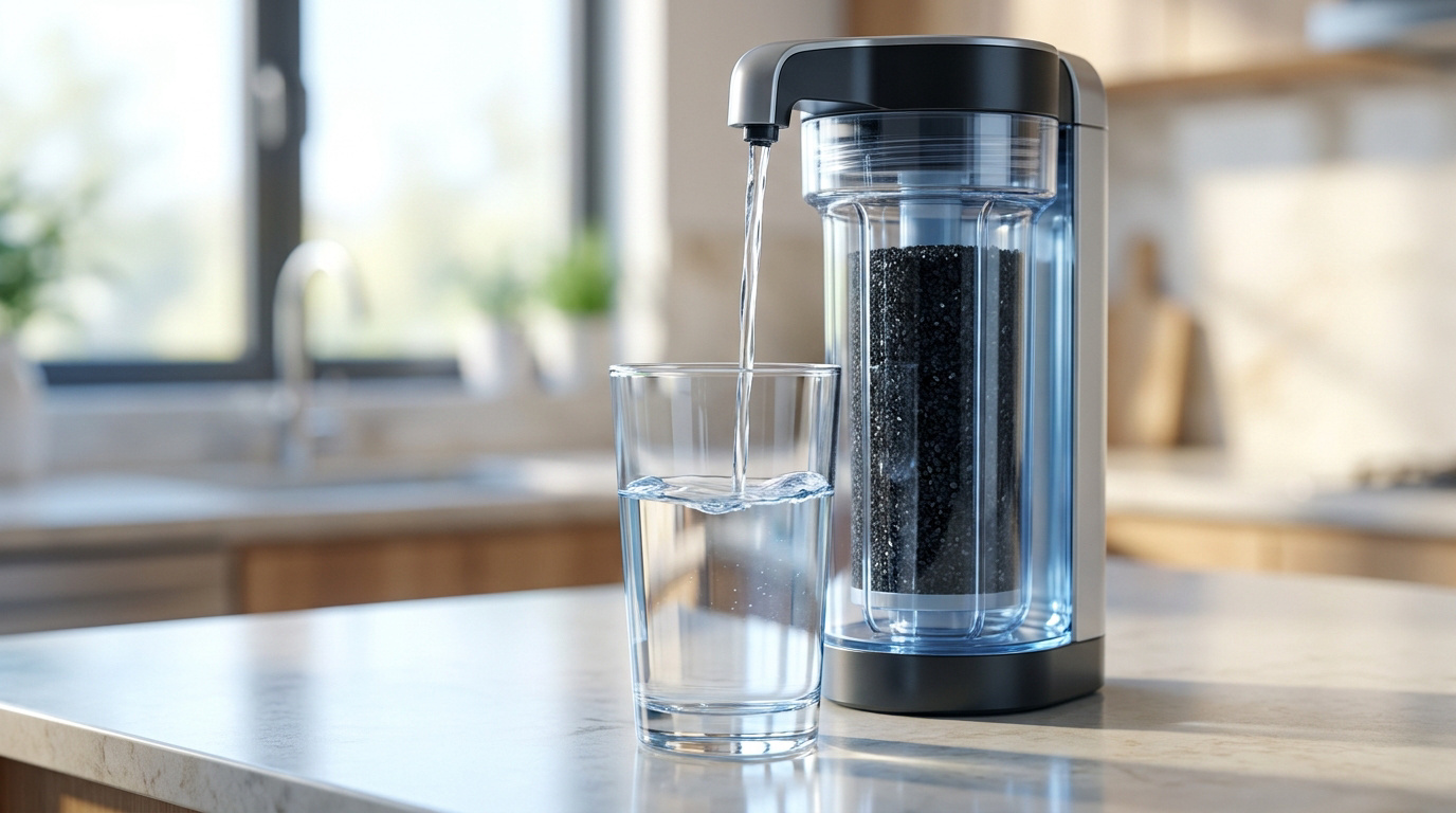 Un purificateur d'eau à charbon actif remplit un verre d'eau sur un plan de travail de cuisine lumineux.