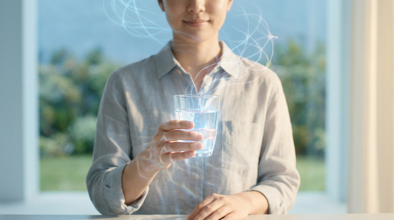 Une personne tenant un verre d'eau avec des ondes lumineuses émanant du liquide vers le haut.