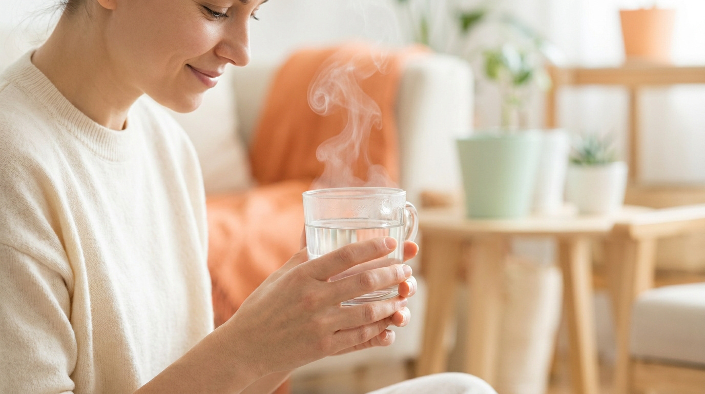 Une femme souriante tient une tasse d'eau chaude fumante dans un intérieur chaleureux.