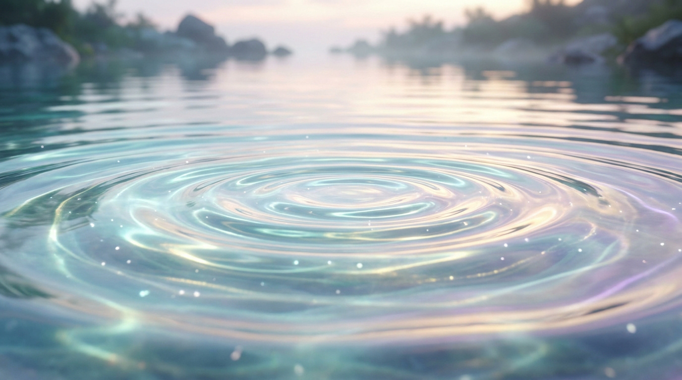 Ondes circulaires à la surface d'une eau claire et scintillante dans un paysage naturel brumeux.