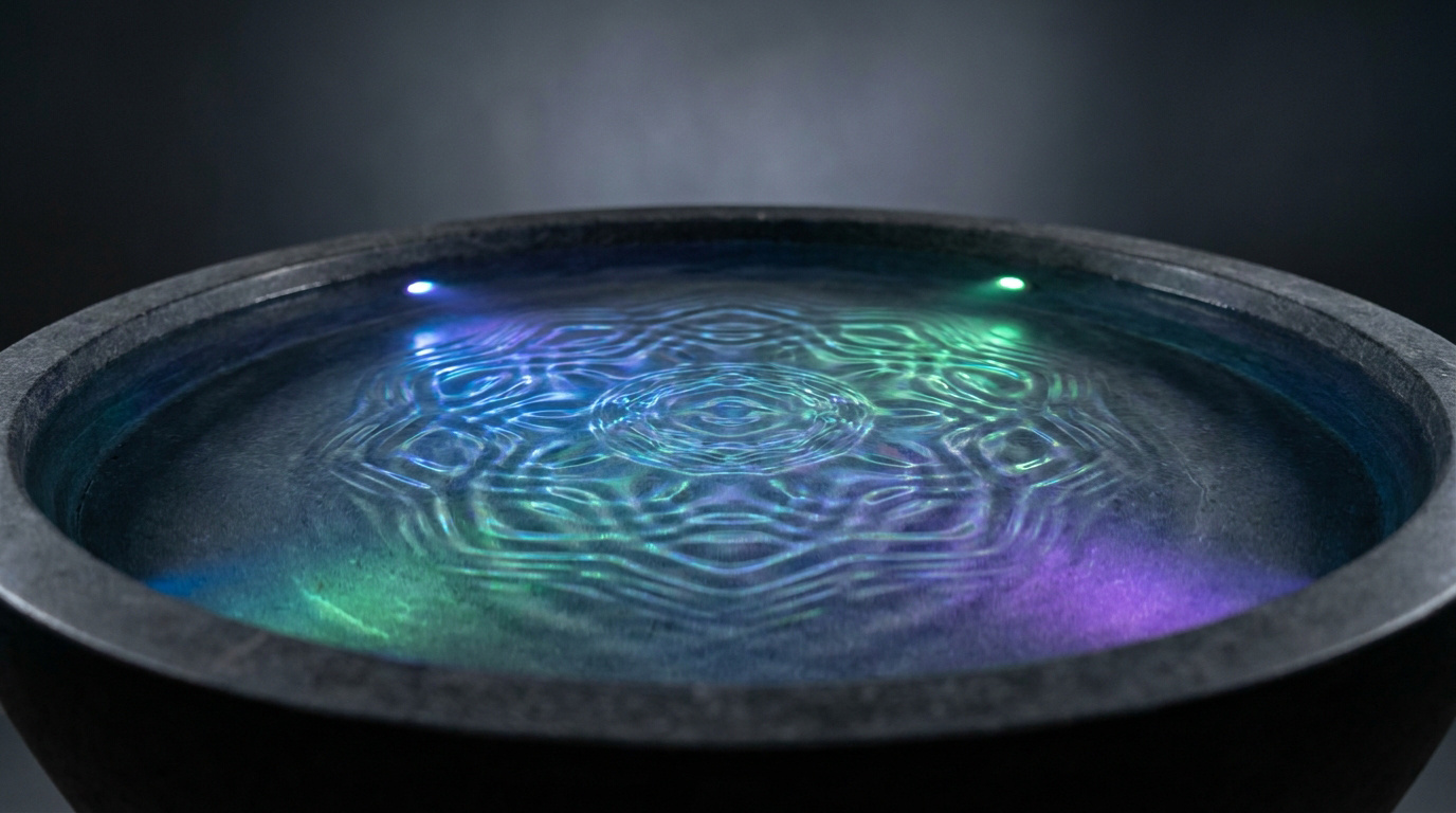 Motifs géométriques formés par des vibrations sonores à la surface d'un bassin d'eau sombre éclairé par des lumières LED.
