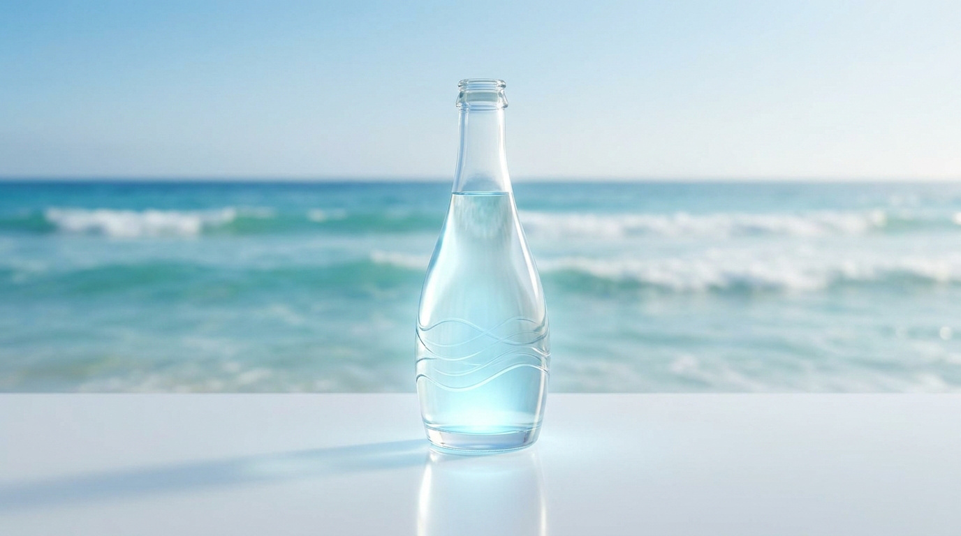 Une bouteille en verre transparente remplie d'eau devant un océan bleu aux vagues douces sous un ciel clair.