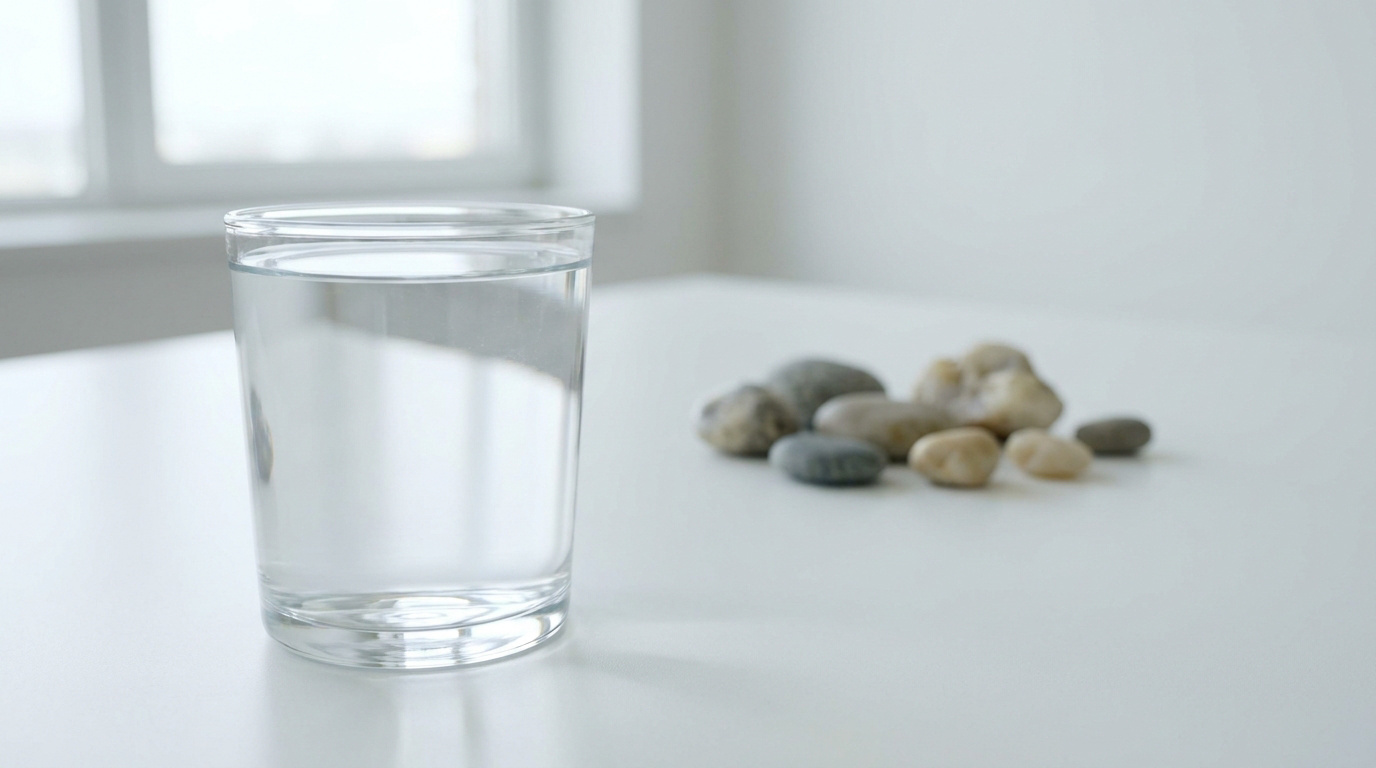Un verre d'eau limpide posé sur une table blanche à côté de quelques petits galets naturels.