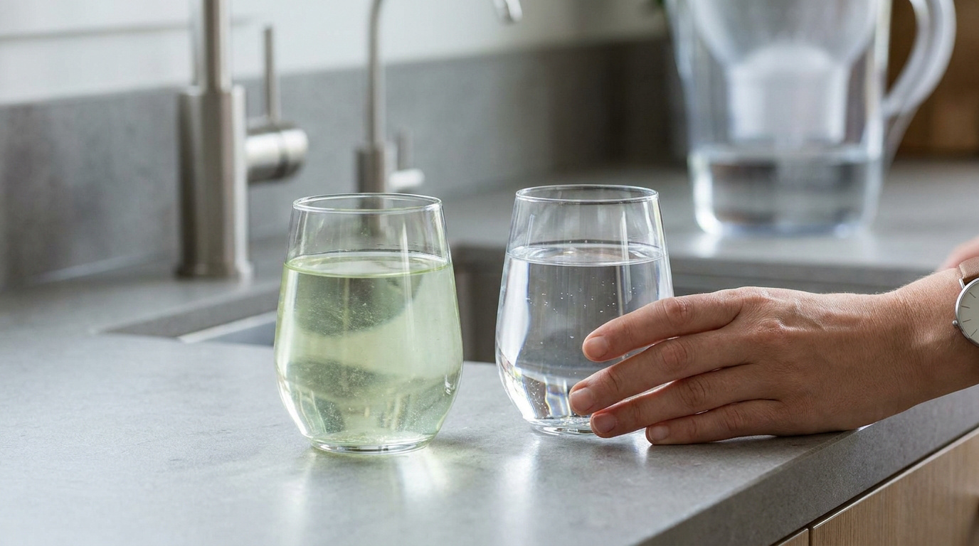 Deux verres d'eau posés sur un plan de travail de cuisine, l'un contenant de l'eau trouble et l'autre de l'eau claire.