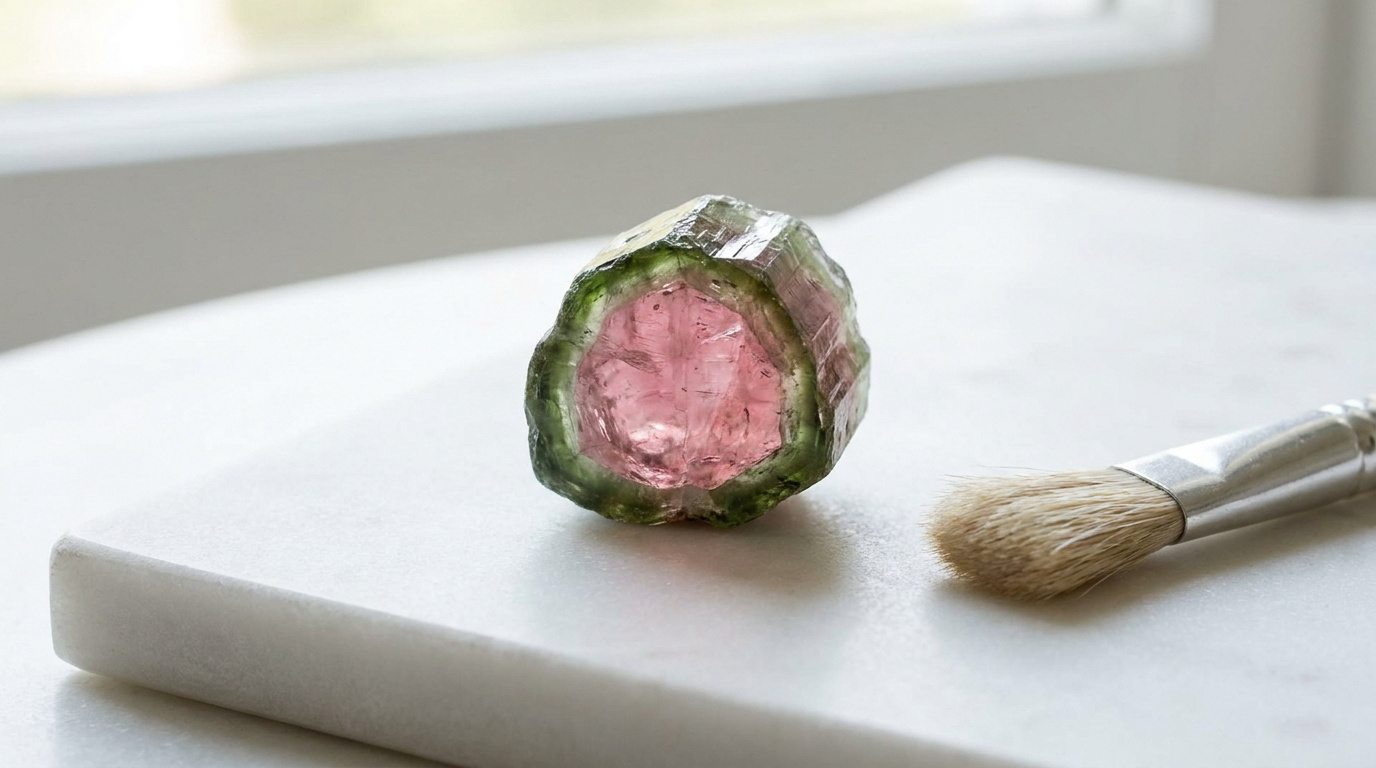 Une tourmaline melon d'eau brute posée sur une surface en marbre blanc à côté d'un pinceau de nettoyage.