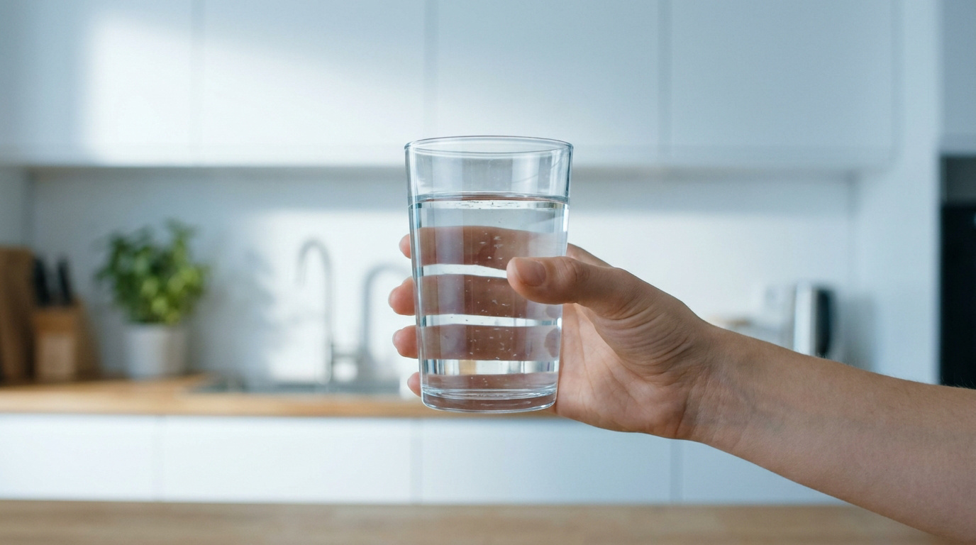 Une main tient un verre d'eau limpide dans une cuisine moderne.