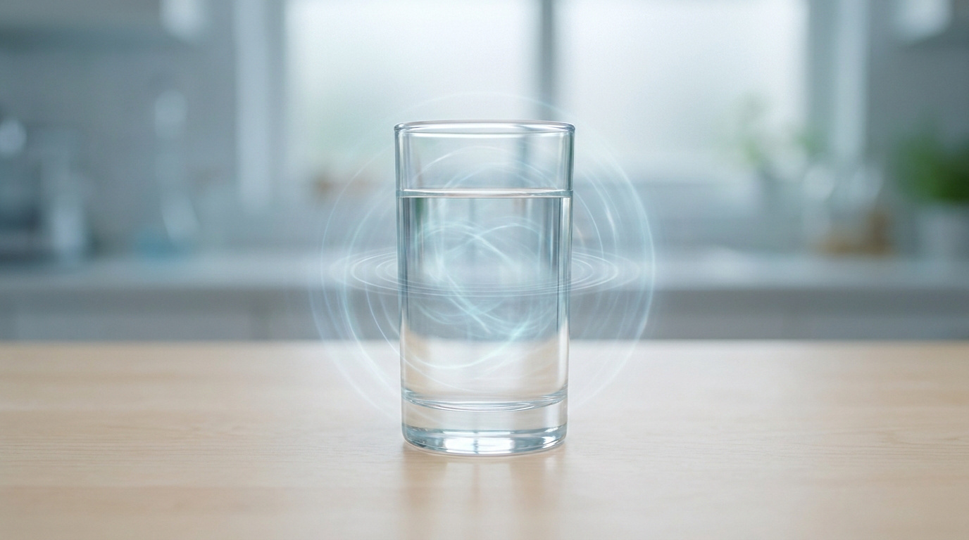 Un verre d'eau posé sur une table avec des ondes lumineuses circulaires émanant du centre.