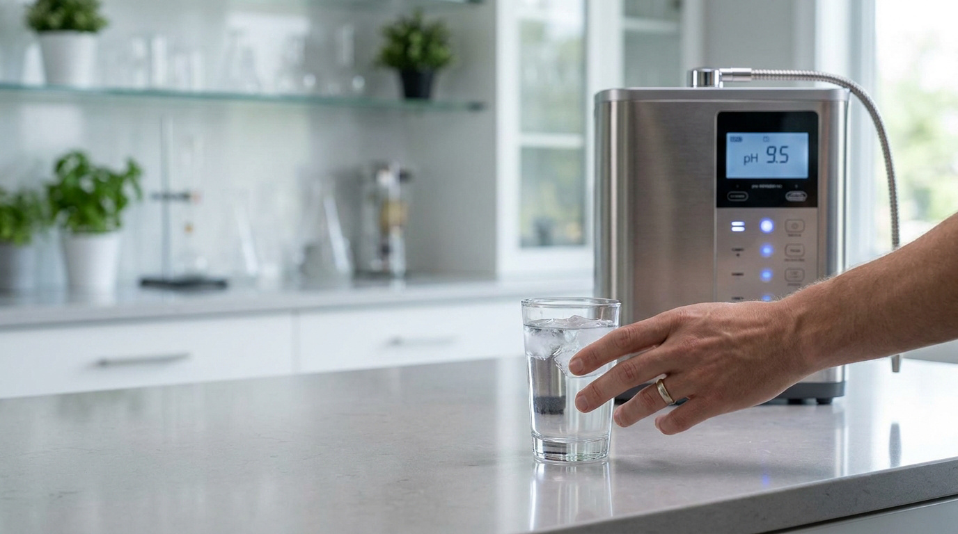 Main prenant un verre d'eau glacée devant un ioniseur d'eau Kangen réglé sur un pH de 9.5 dans une cuisine.