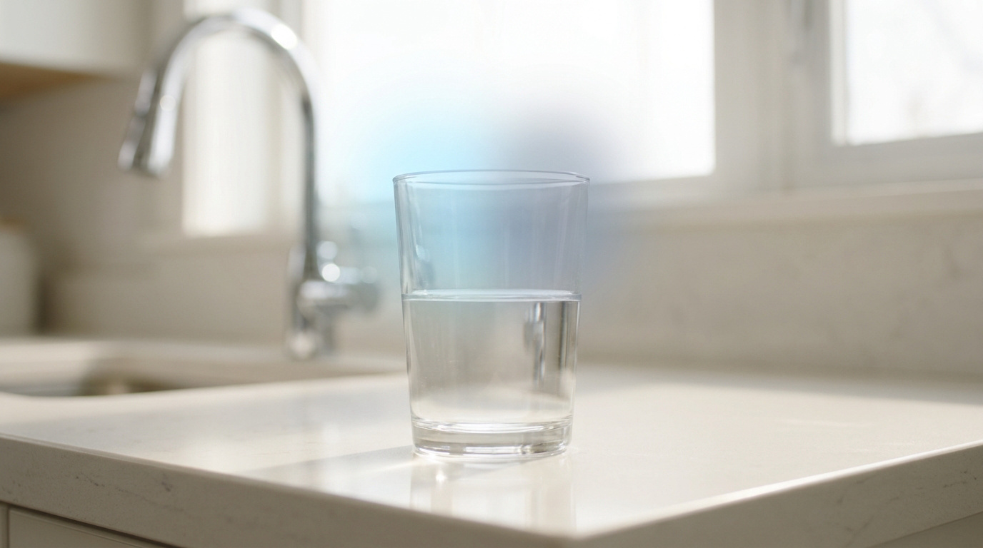 Un verre d'eau rempli à moitié posé sur un comptoir de cuisine, avec un robinet flou en arrière-plan.