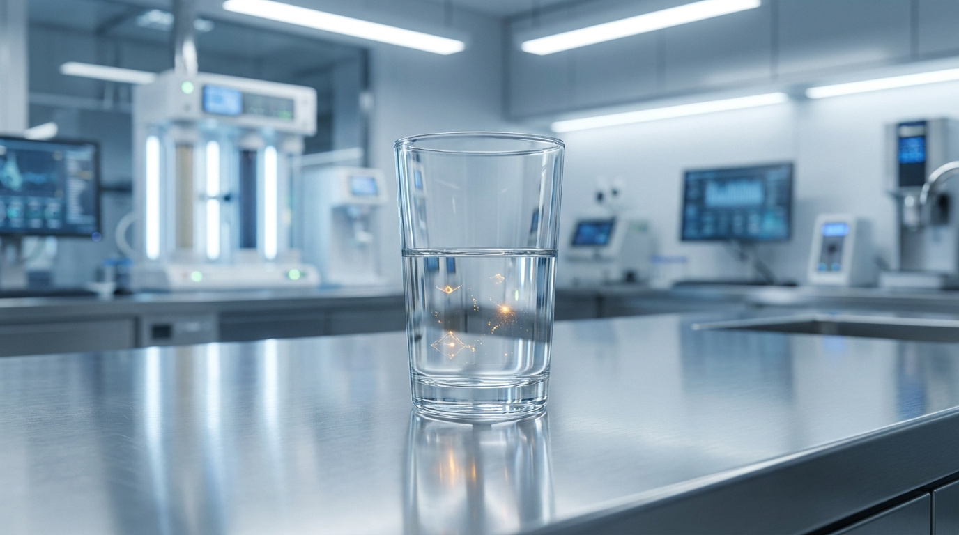 Un verre d'eau posé sur une paillasse de laboratoire avec des particules lumineuses symbolisant des molécules invisibles.